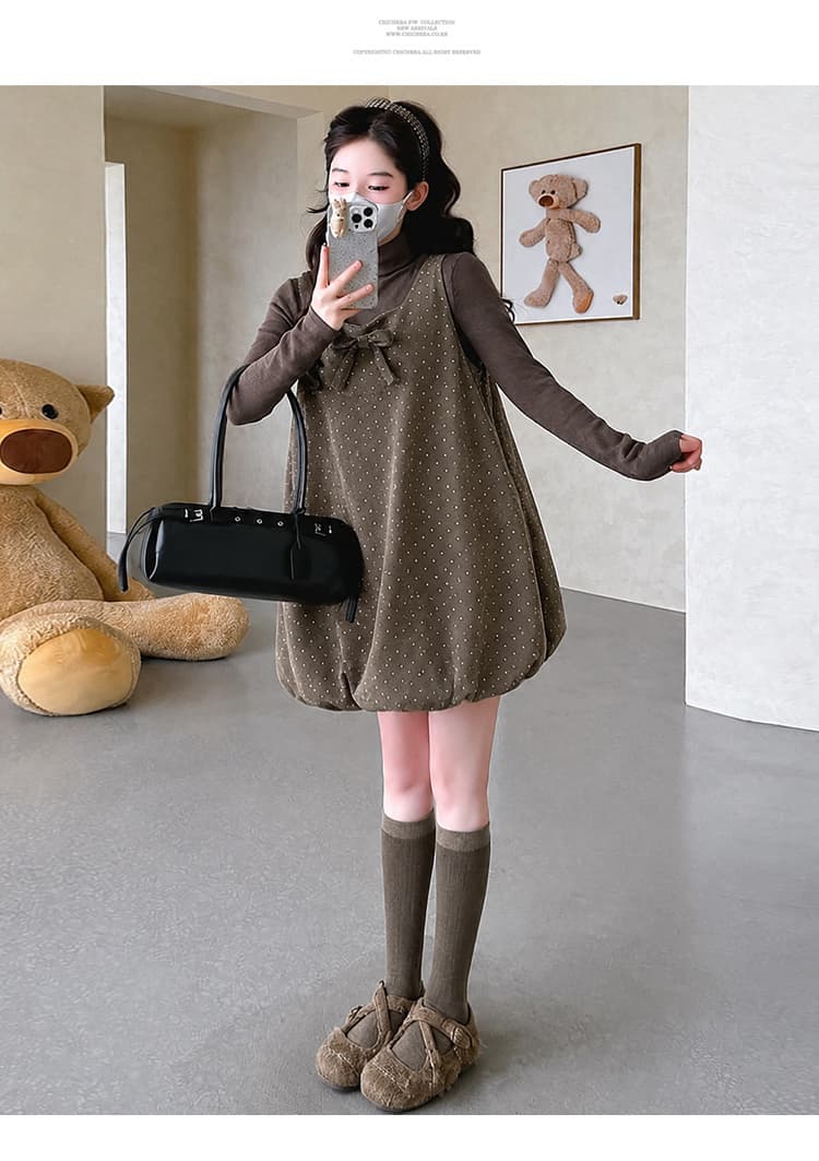 실사 지금 도트 무늬 나비 매듭 임산부 조끼 치마 세트 가을 겨울 루즈핏 꽃밭 랜턴 치마 슬림해 보이는 임신 기간 상세 이미지 11