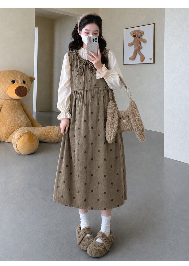실사 지금 임산부 가을 세트 레트로 도트 무늬 코듀로이 조끼 원피스 프릴 거품 소매 상세 이미지 16