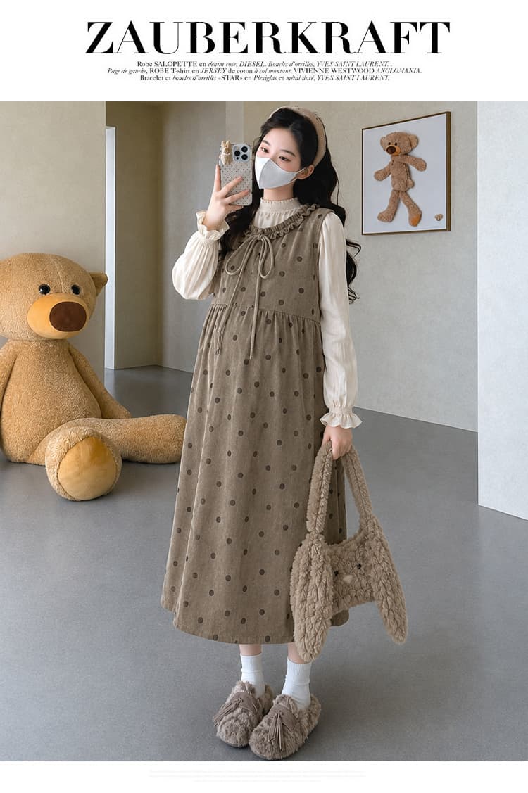 실사 지금 한 부서 부드러운 바람 임신 엄마 가을 의상 나비 매듭 도트 무늬 멜빵 스커트 루즈핏 슬림해 보이는 긴팔 인사이드 가져 가라. 상세 이미지 15