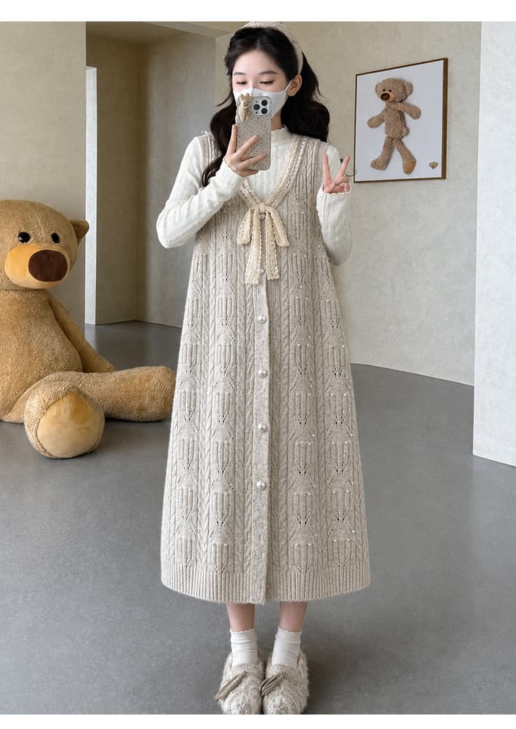 실사 지금 임산부 가을 의상 세트 V넥 레이스 나비 매듭 니트 조끼 원피스 반하이넥 신축성 상세 이미지 16