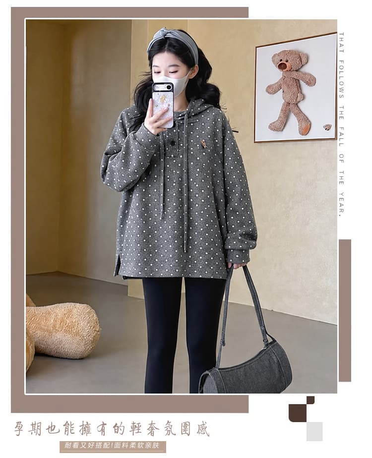 실사 지금 도트 무늬 후드 임산부 후드티 가을 루즈핏 빅 사이즈 다용도 슬림해 보이는 맨위 캐주얼 임신 기간 상세 이미지 3