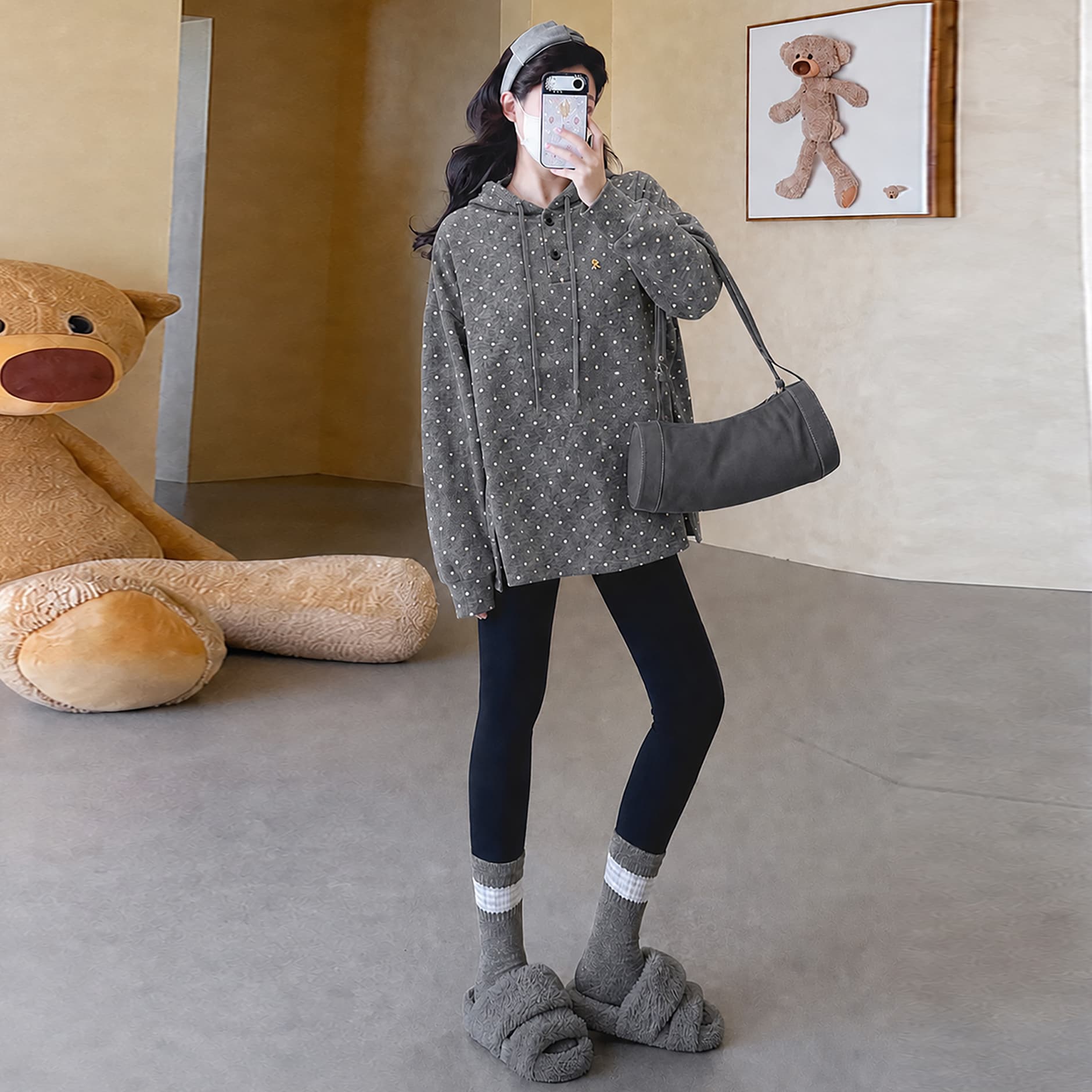 실사 지금 한 부서 도트 무늬 후드 임산부 후드티 가을 루즈핏 느긋한 바람 다용도 슬림해 보이는 임신 기간 세트 머리에 이미지 4