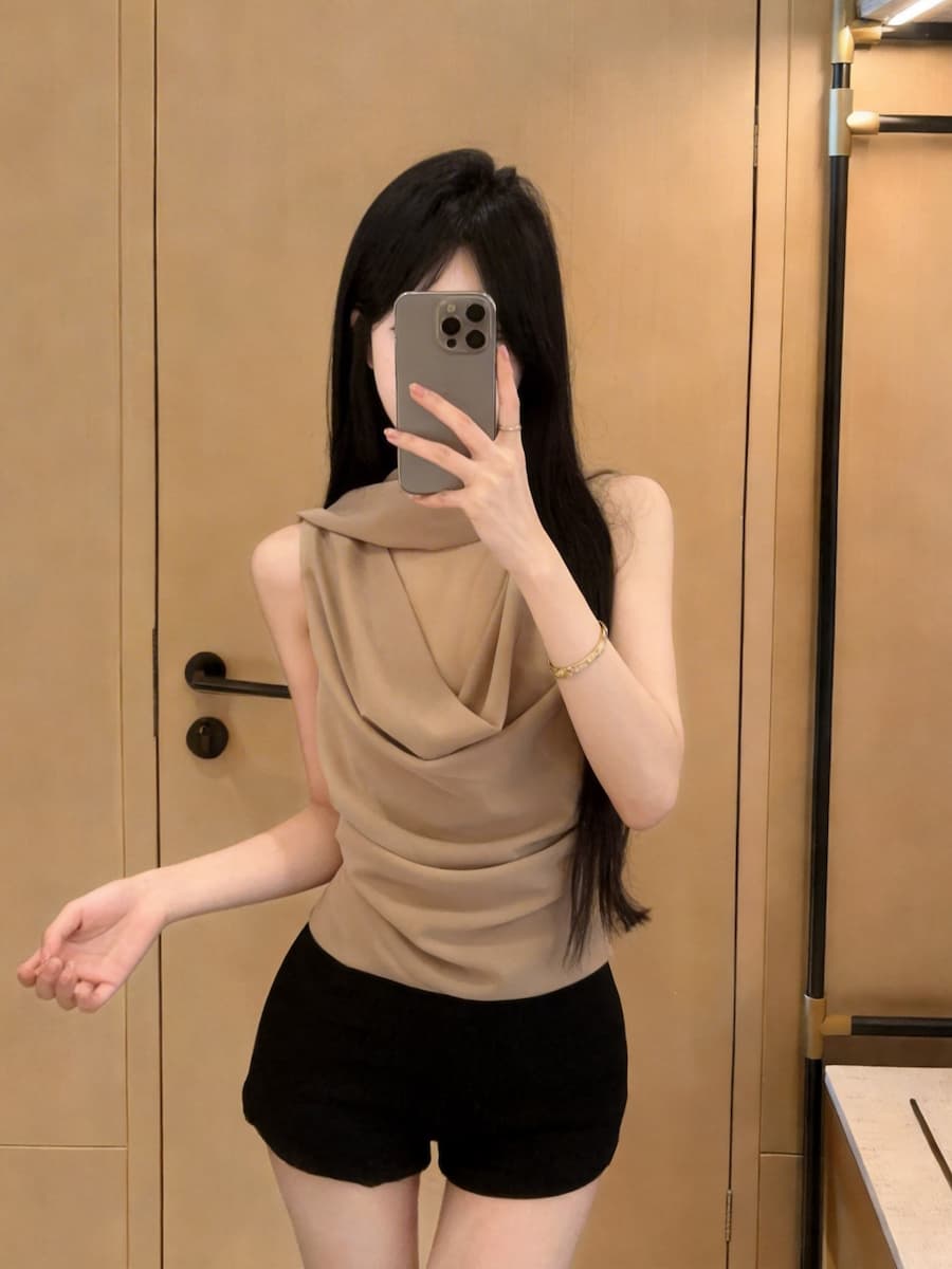 정가 있음 보호 고급 센스 품격 말뚝 더미 칼라 리본 민소매 조끼 비대칭 디자인 센스 작은 대중 맨위 이미지 3