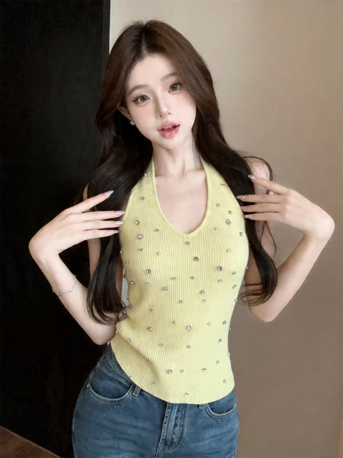 정가 있음 보호 핫걸 행침 목 스와로브스키 민소매 니트 조끼 여성 여름 몸매 가꾸기 슬림해 보이는 외출용 맨위 서비스 상세 이미지 3