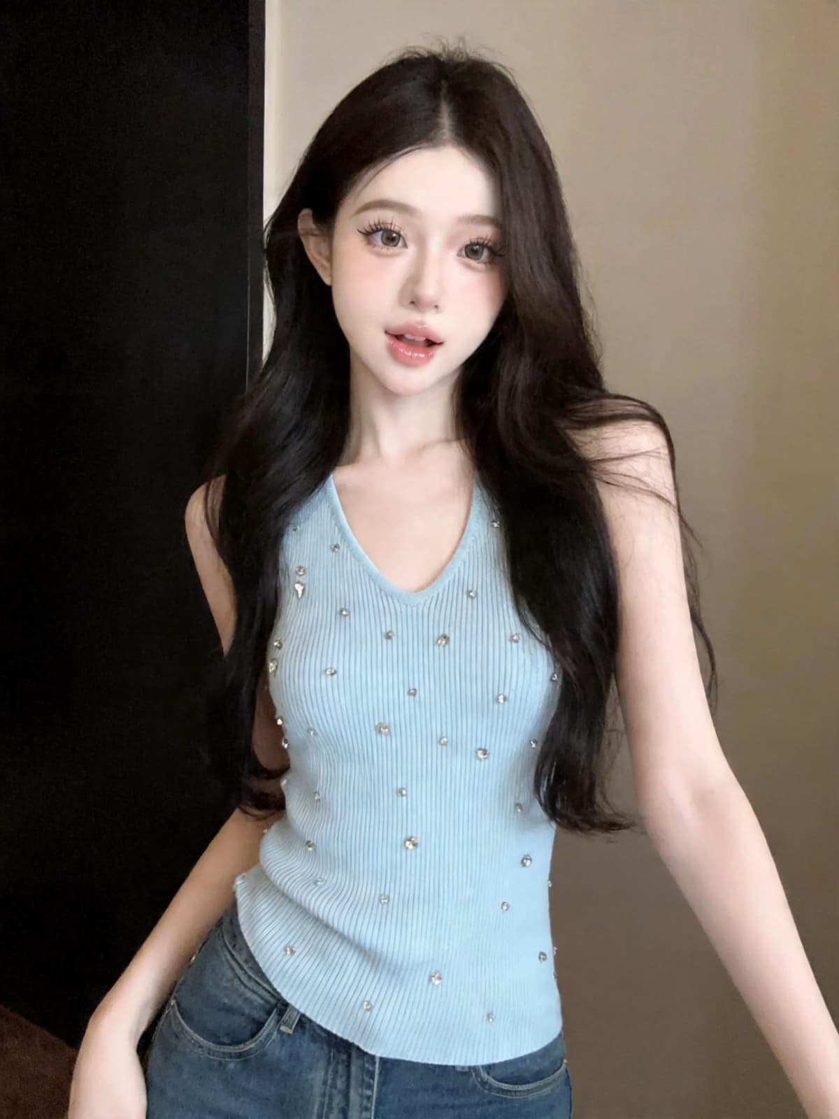 정가 있음 보호 핫걸 행침 목 스와로브스키 민소매 니트 조끼 여성 여름 몸매 가꾸기 슬림해 보이는 외출용 맨위 서비스 상세 이미지 5