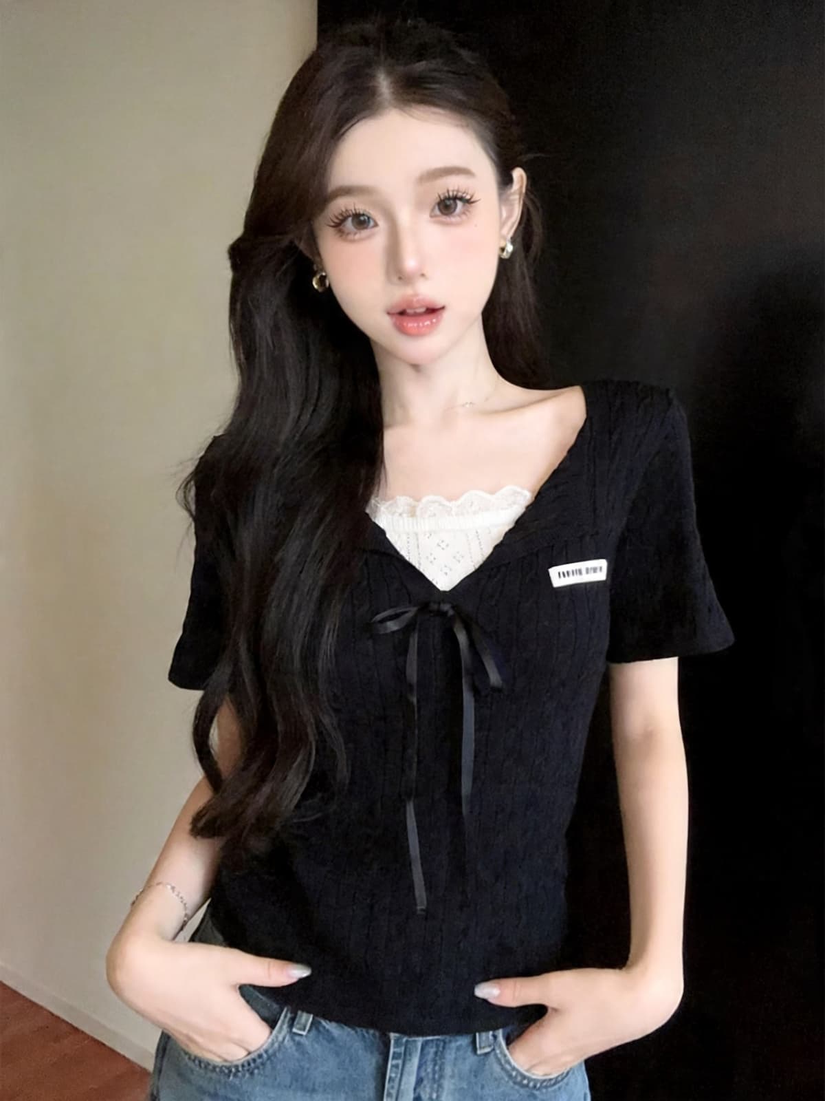 정가 있음 보호 작은 청신 나비 매듭 스트랩 프릴 폴로 칼라 반팔 여성 레이스 레이스 패치워크 티셔츠 상세 이미지 14