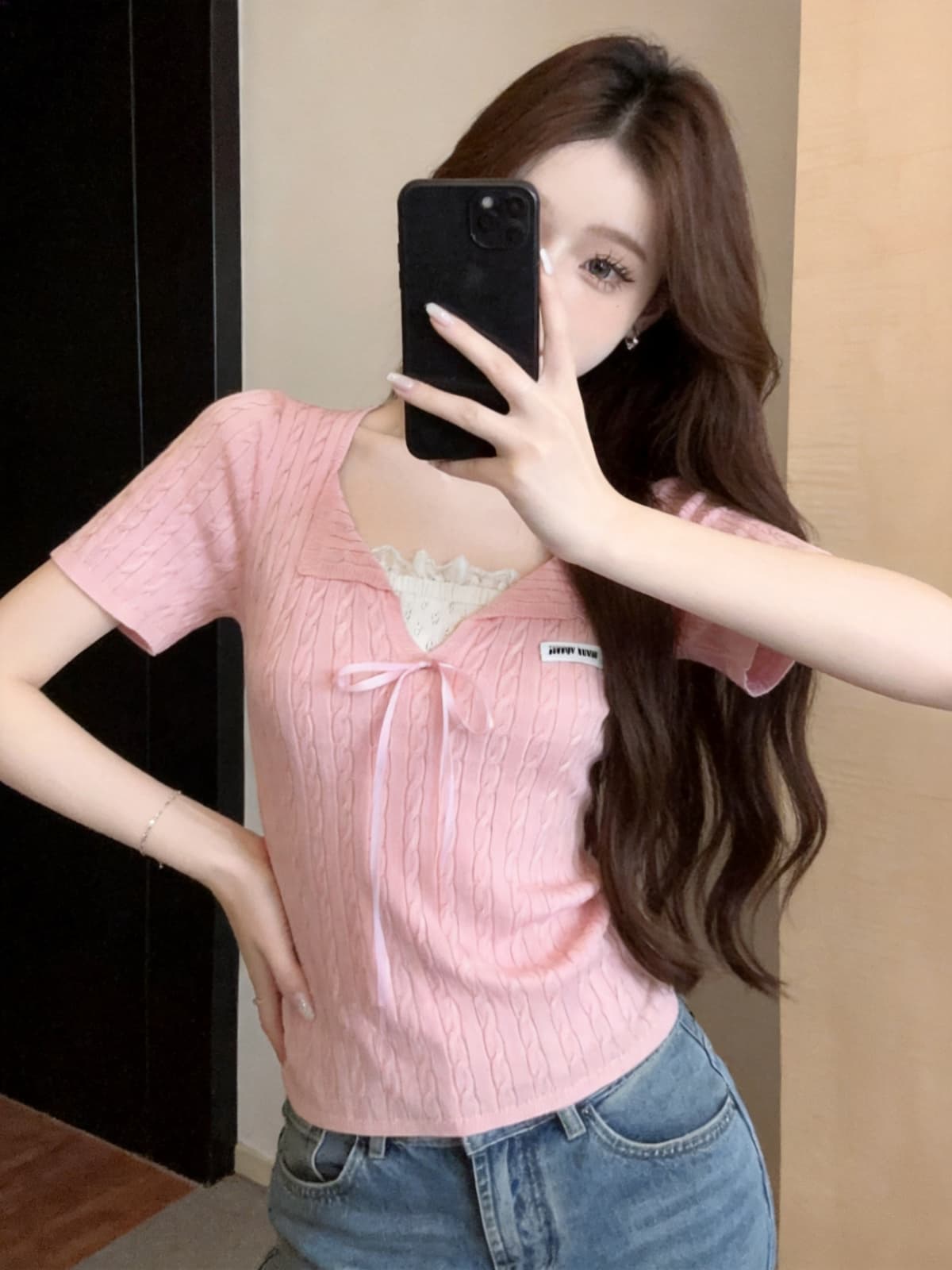 정가 있음 보호 작은 청신 나비 매듭 스트랩 프릴 폴로 칼라 반팔 여성 레이스 레이스 패치워크 티셔츠 상세 이미지 18