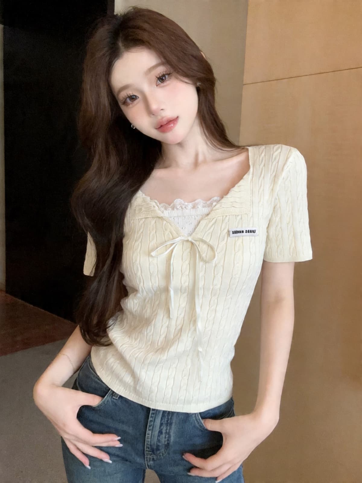 정가 있음 보호 작은 청신 나비 매듭 스트랩 프릴 폴로 칼라 반팔 여성 레이스 레이스 패치워크 티셔츠 이미지 2