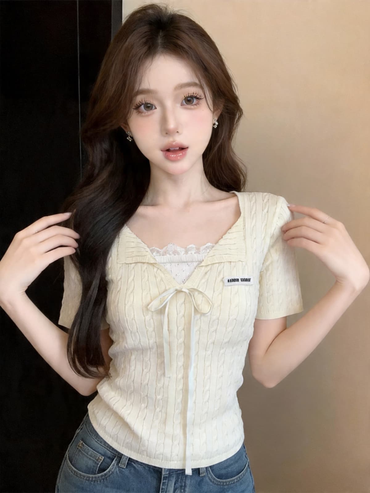 정가 있음 보호 작은 청신 나비 매듭 스트랩 프릴 폴로 칼라 반팔 여성 레이스 레이스 패치워크 티셔츠 이미지 4