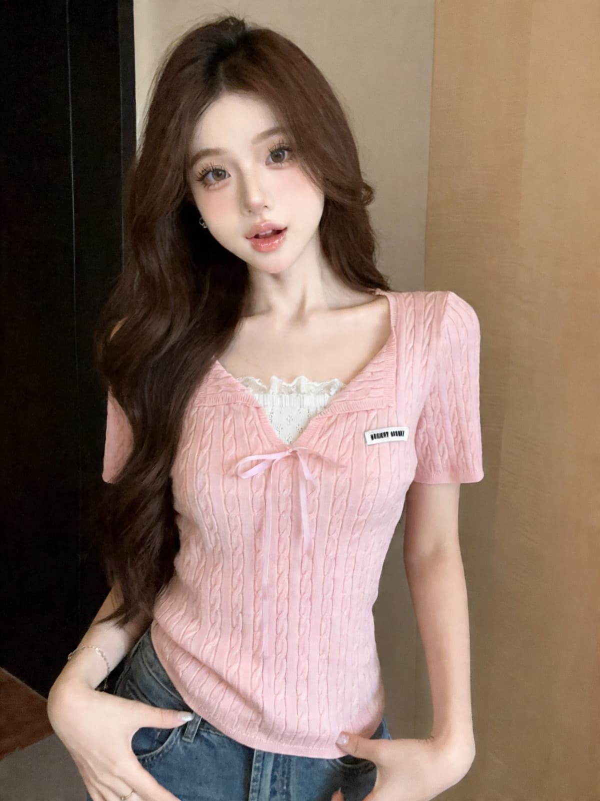 정가 있음 보호 작은 청신 나비 매듭 스트랩 프릴 폴로 칼라 반팔 여성 레이스 레이스 패치워크 티셔츠
