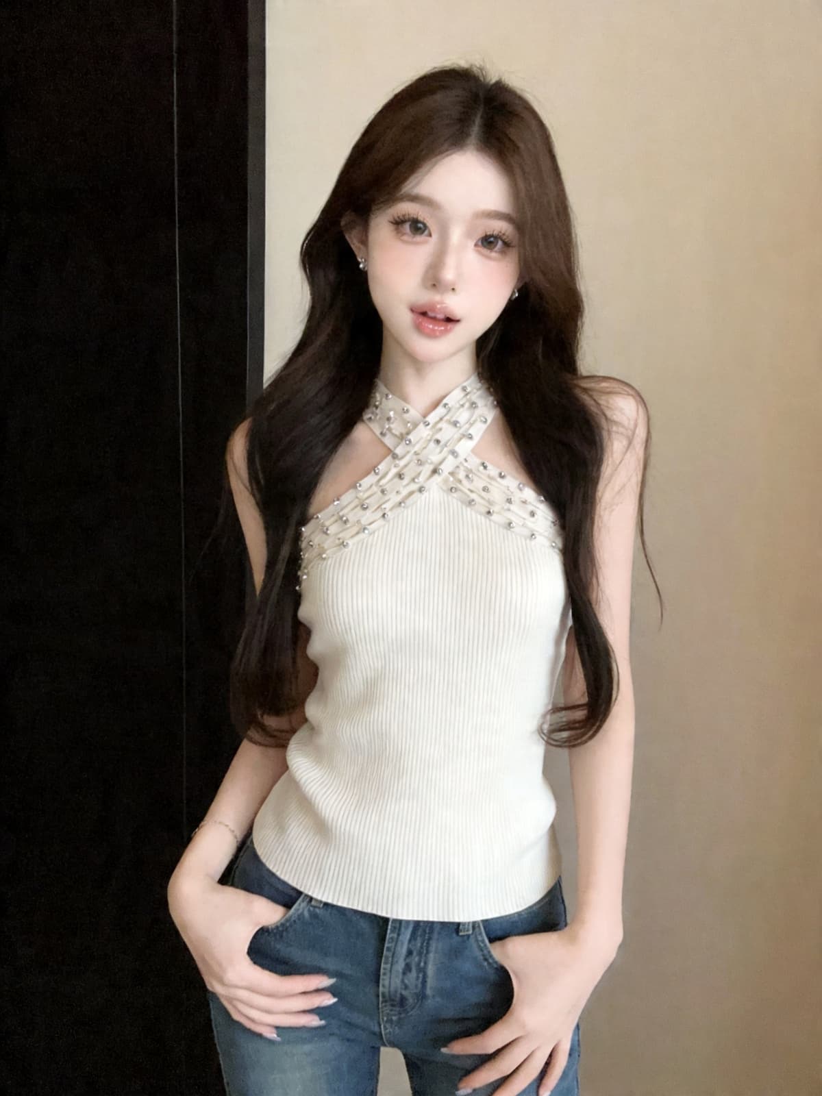 정가 있음 보호 민소매 행침 목 캐미솔 여름 무거운 작업 못 훈련 새로운 홀로우 아웃 섹시함 외출용 맨위 상세 이미지 3