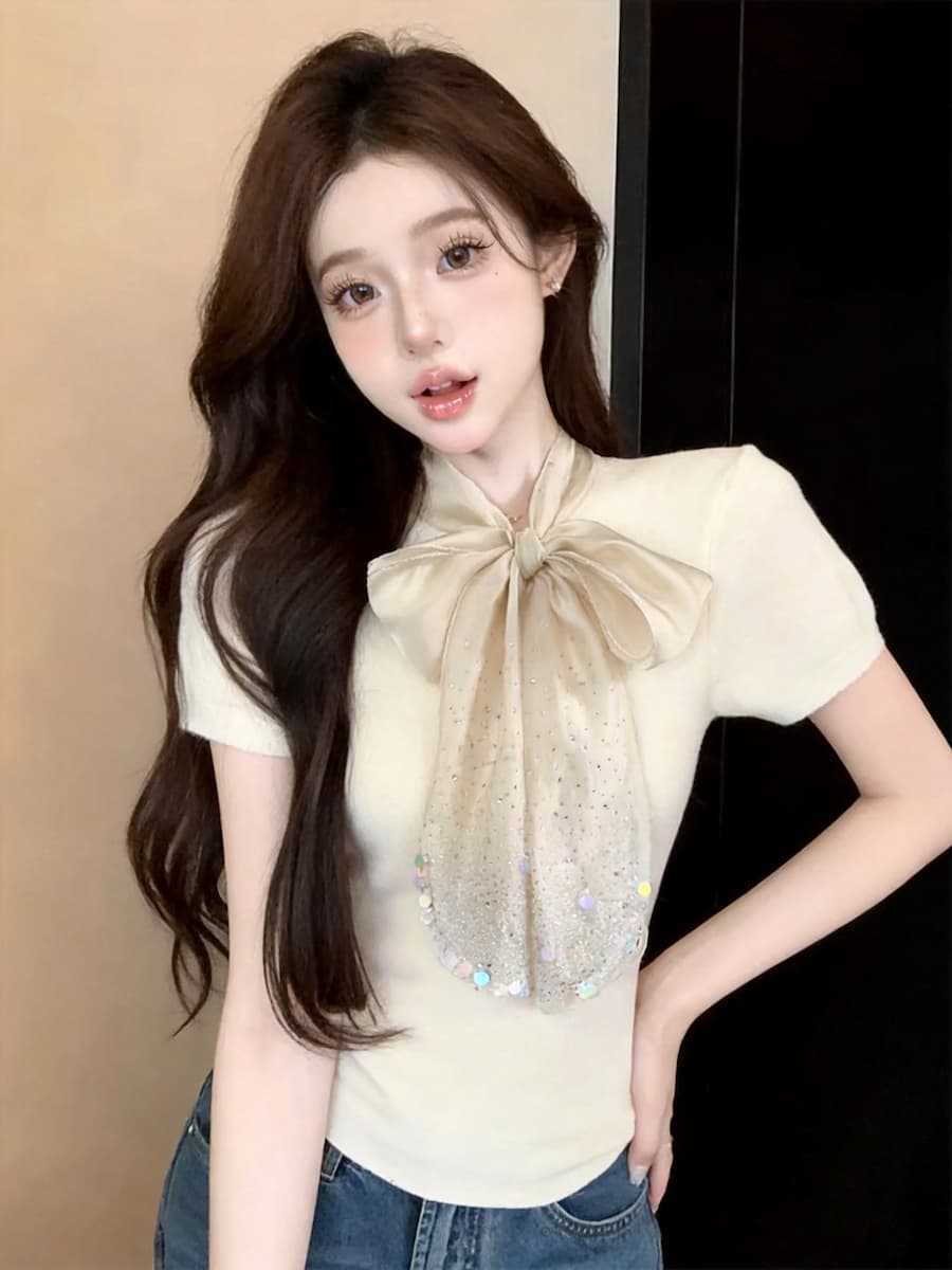 정가 있음 보호 프랑스식 디자인 센스 새틴 나비 넥타이 반팔 니트 스웨터 품격 부드러운 맨위 이미지 3