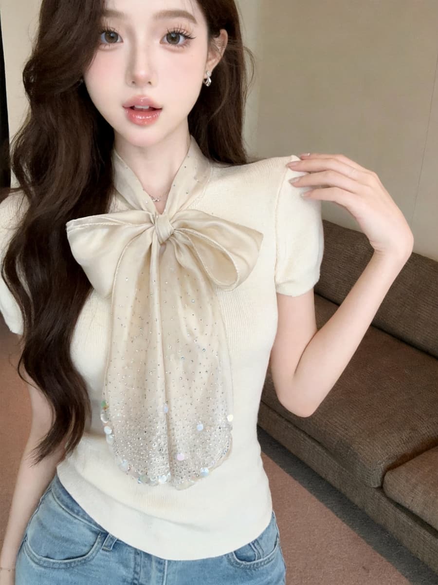 정가 있음 보호 프랑스식 디자인 센스 새틴 나비 넥타이 반팔 니트 스웨터 품격 부드러운 맨위 이미지 4
