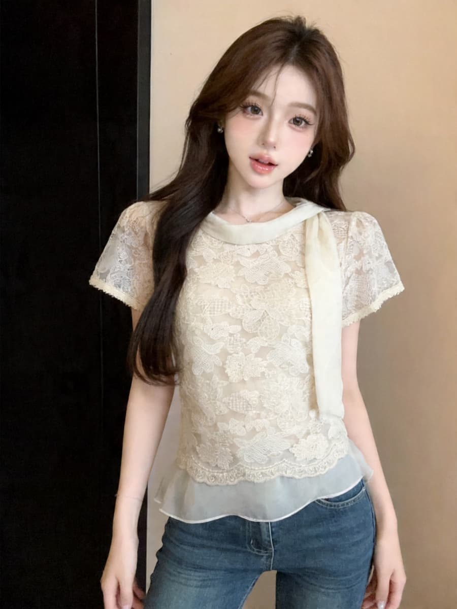 정가 있음 보호 부드러운 리본 레이스 자수 쉬폰 블라우스 여름 얇은 스타일 프릴 맨위 상세 이미지 6