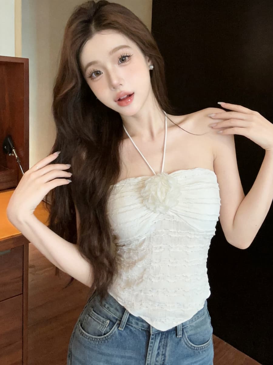 정가 있음 보호 달콤함 꽃 외국 가스 행침 목 조끼 여성 순수한 욕망 바람 여름 핫걸 슬림해 보이는 포장 가슴 맨위 이미지 3