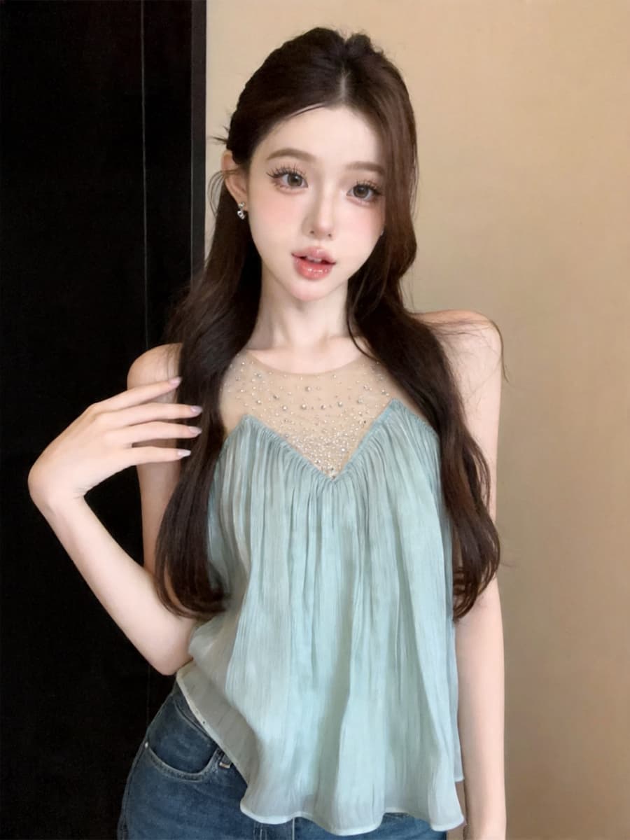 실사 프랑스식 부드러운 망사 핫픽스 패치워크 민소매 맨위 여성 고급 센스 몸매 가꾸기 슬림해 보이는 맨위 상세 이미지 10