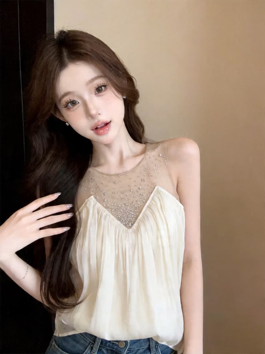 실사 프랑스식 부드러운 망사 핫픽스 패치워크 민소매 맨위 여성 고급 센스 몸매 가꾸기 슬림해 보이는 맨위 상세 이미지 13