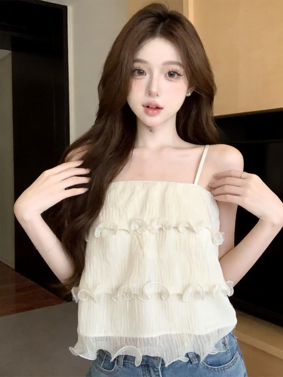 정가 있음 보호 분위기 센스 향기로운 향 부드러운 층 프릴 슬립 작은 셔츠 여성 여름 얇은 상세 이미지 5