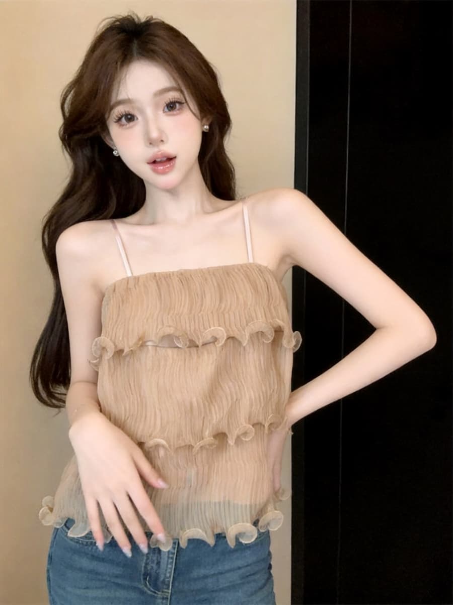 정가 있음 보호 분위기 센스 향기로운 향 부드러운 층 프릴 슬립 작은 셔츠 여성 여름 얇은 상세 이미지 8