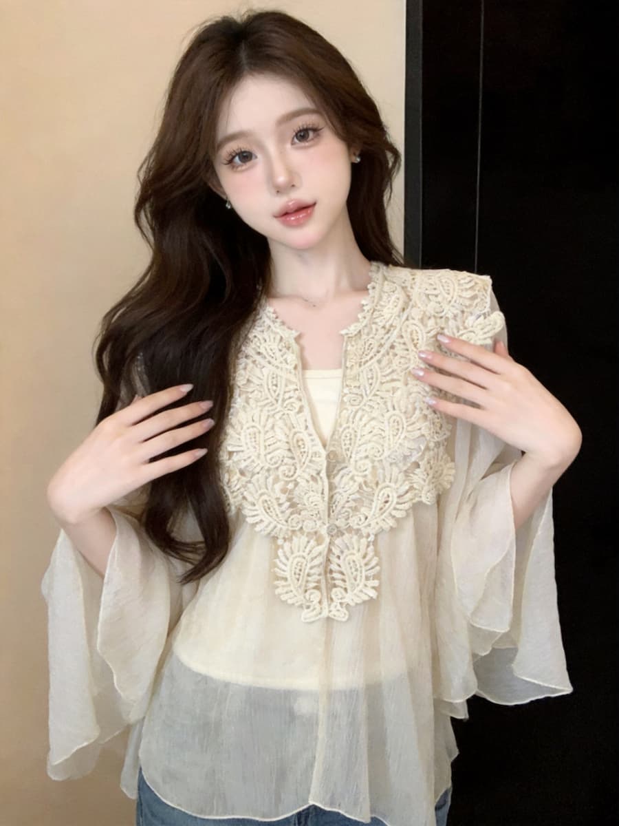 정가 있음 보호 한 부서 레이스 조각 레이스 V넥 시폰 셔츠 여성 루즈핏 반팔 작은 셔츠 슬립 맨위 이미지 2