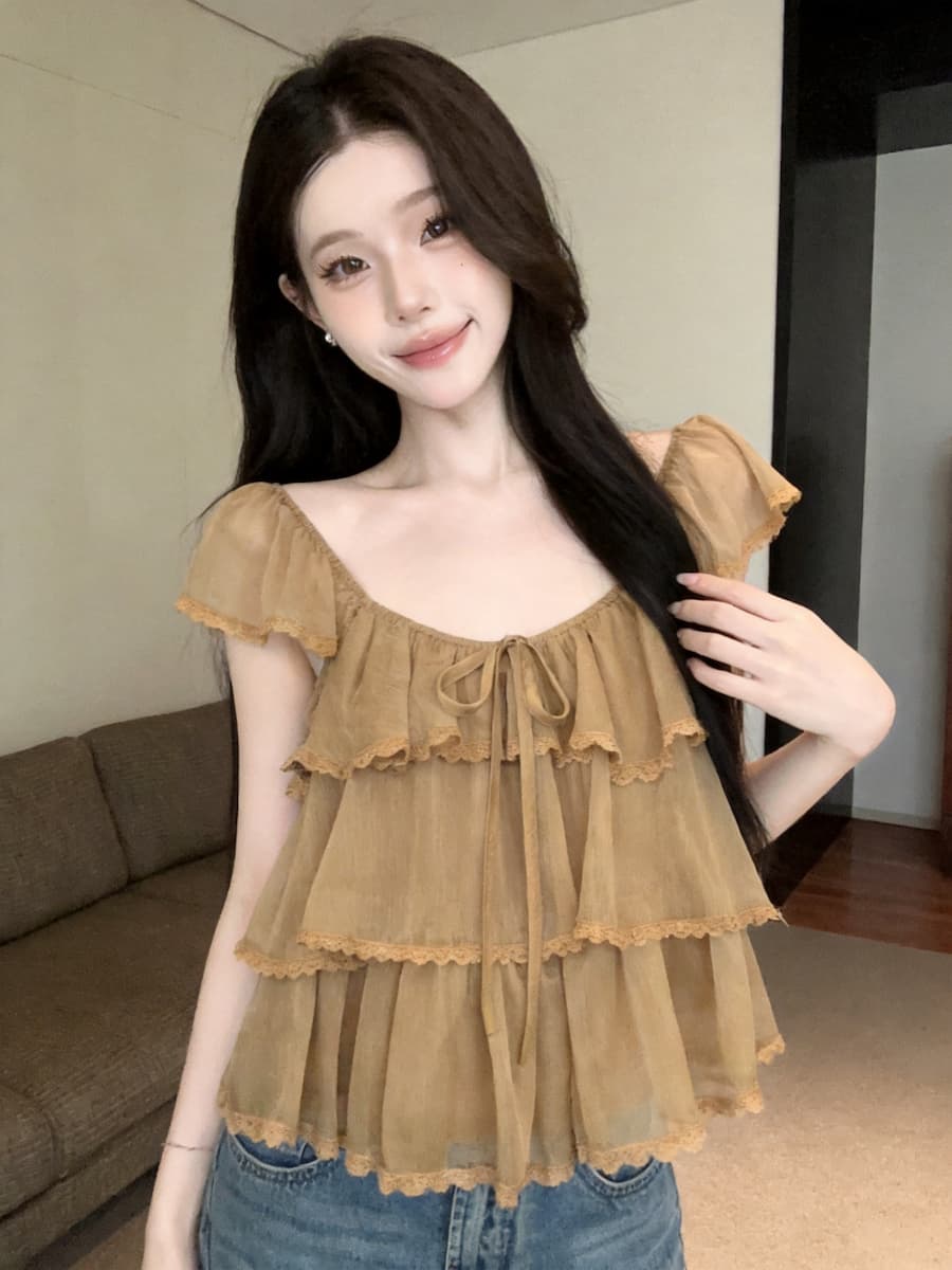 정가 있음 보호 달콤한 자매 작은 날다 소매 레이스 측면 거즈 작은 셔츠 여성 여름 미니멀리즘 풀오버 슬림해 보이는 캐주얼 맨위 상세 이미지 6