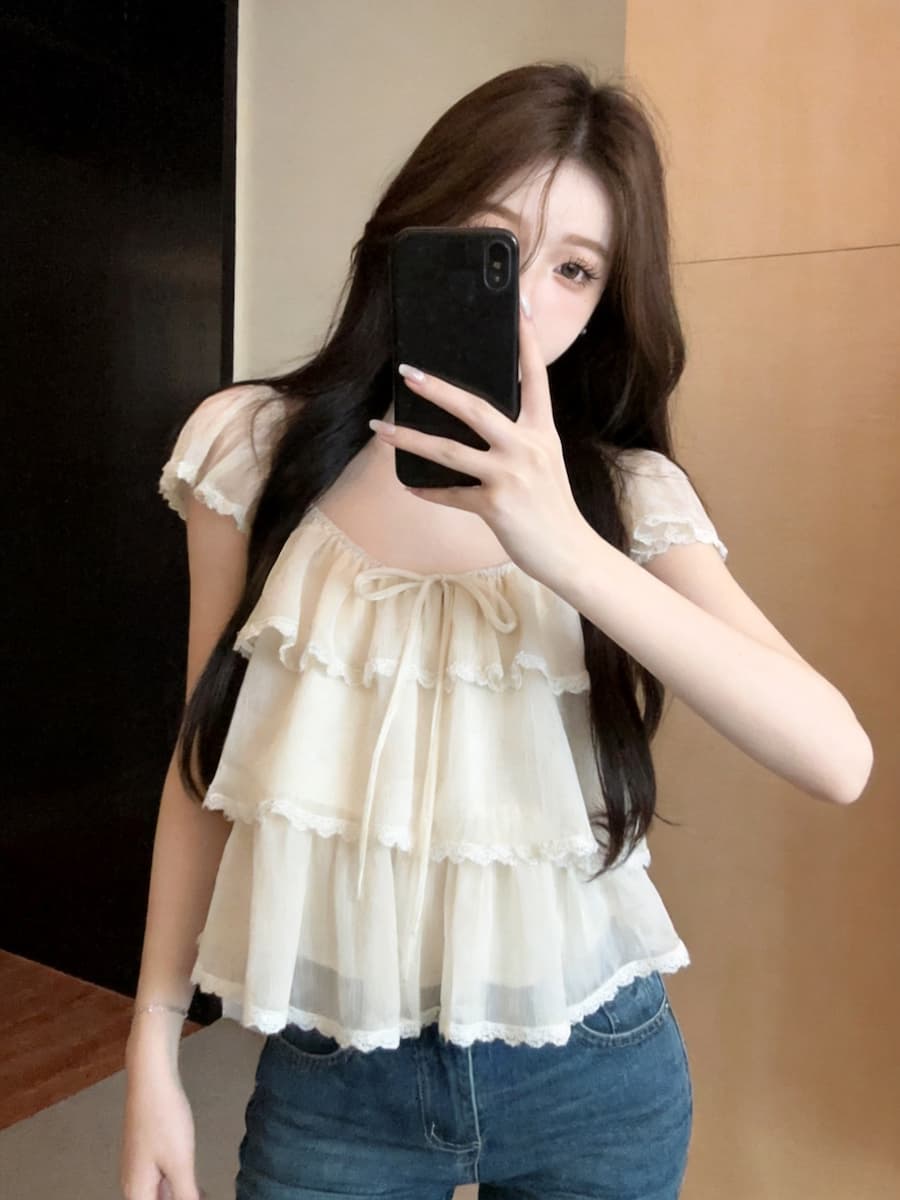 정가 있음 보호 달콤한 자매 작은 날다 소매 레이스 측면 거즈 작은 셔츠 여성 여름 미니멀리즘 풀오버 슬림해 보이는 캐주얼 맨위 이미지 2