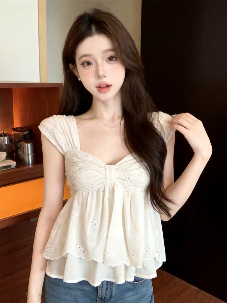 정가 있음 보호 프랑스식 광장 칼라 자수 꽃 홀로우 아웃 캐미솔 여름 연령 감소 백리스 허리 수축 맨위 상세 이미지 6