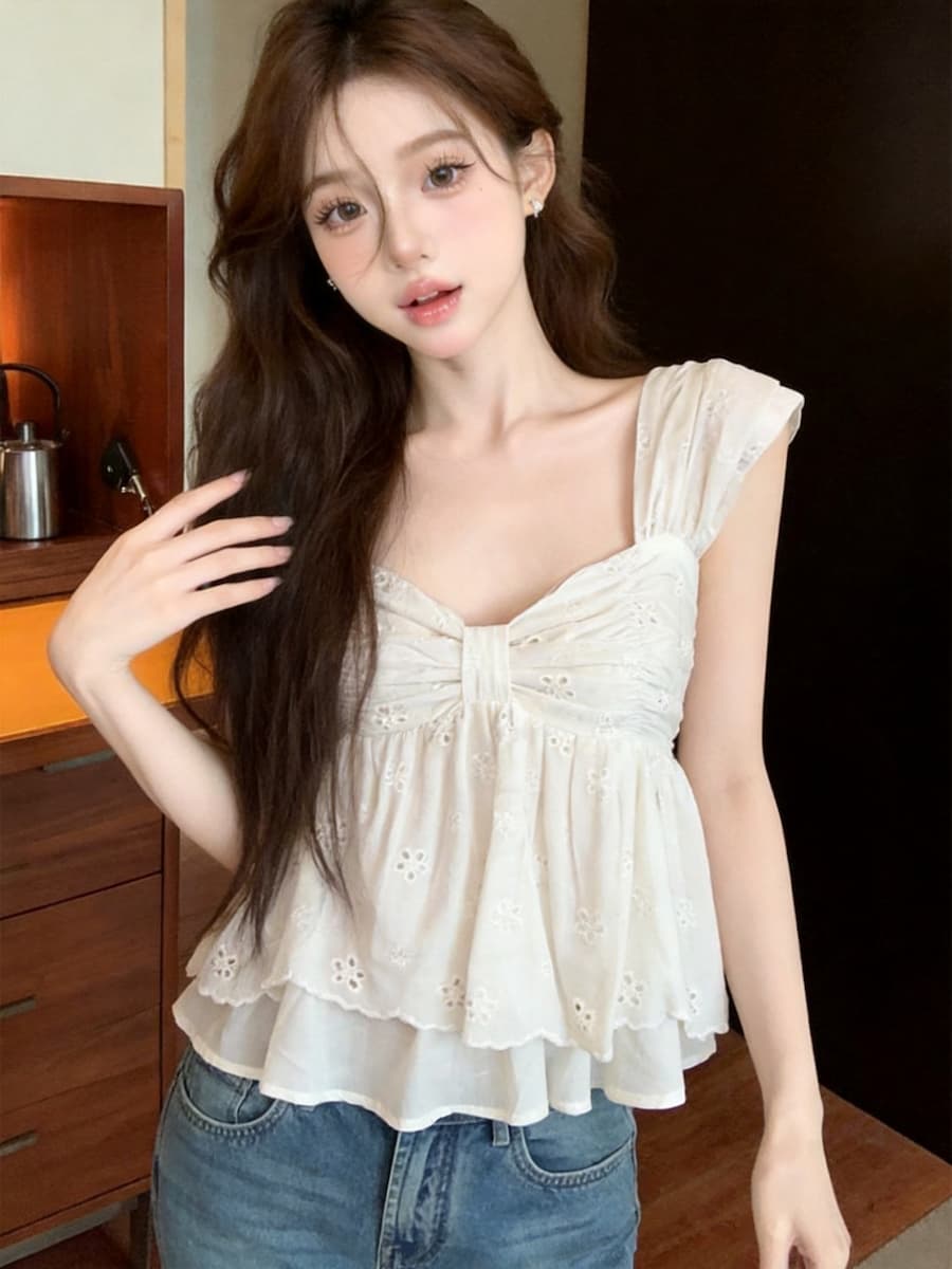 정가 있음 보호 프랑스식 광장 칼라 자수 꽃 홀로우 아웃 캐미솔 여름 연령 감소 백리스 허리 수축 맨위 상세 이미지 18