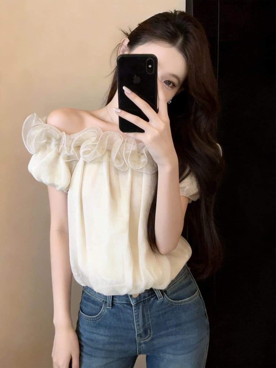 정가 있음 보호 도파민 프릴 꽃밭 오프숄더 쉬폰 여성 셔츠 여름 품격 반팔 맨위 상세 이미지 9