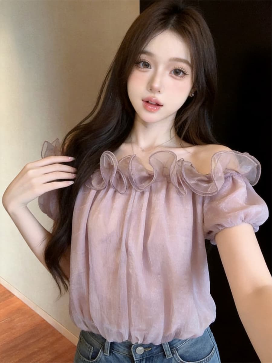 정가 있음 보호 도파민 프릴 꽃밭 오프숄더 쉬폰 여성 셔츠 여름 품격 반팔 맨위 이미지 3