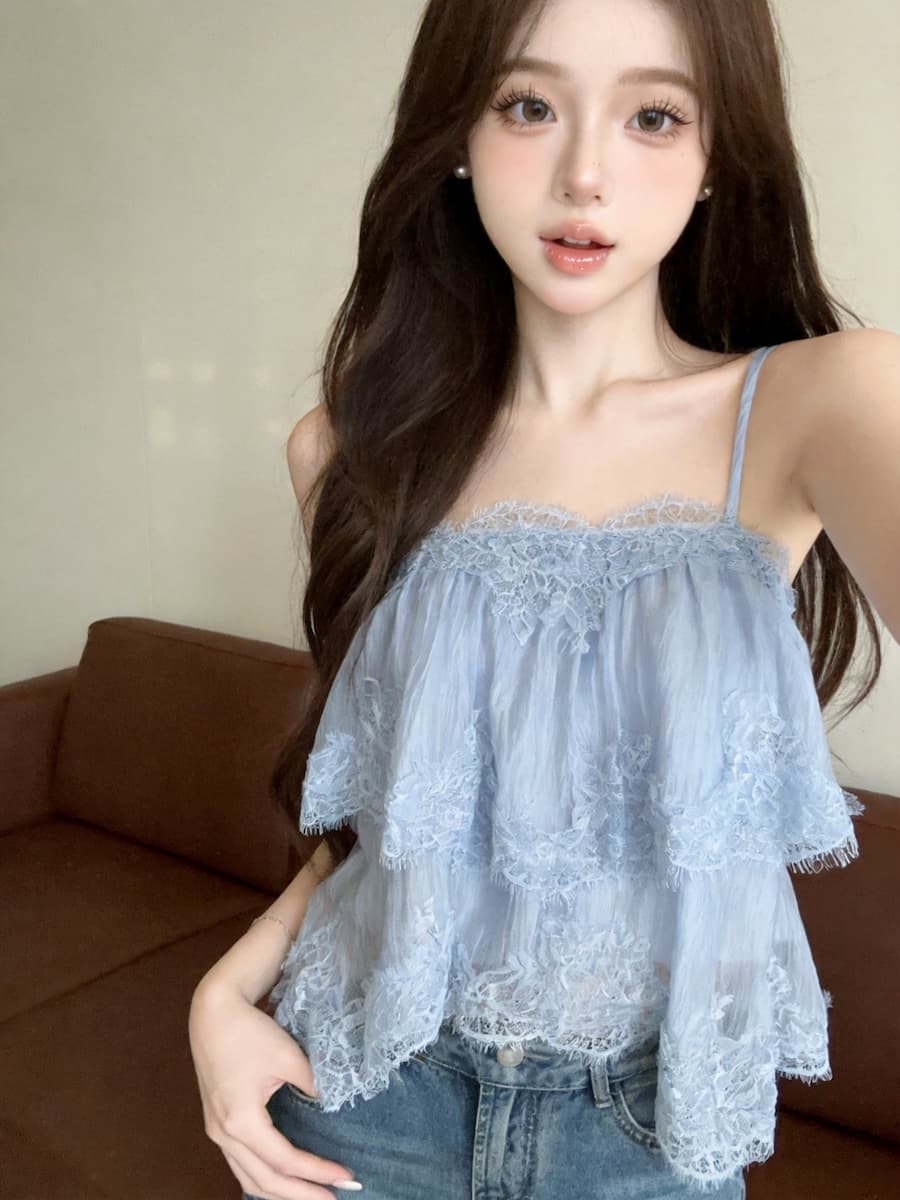 정가 있음 보호 부드러운 바람 무거운 작업 다중 레이어 레이스 캐미솔 여름 디자인 센스 불규칙 맨위 상세 이미지 4