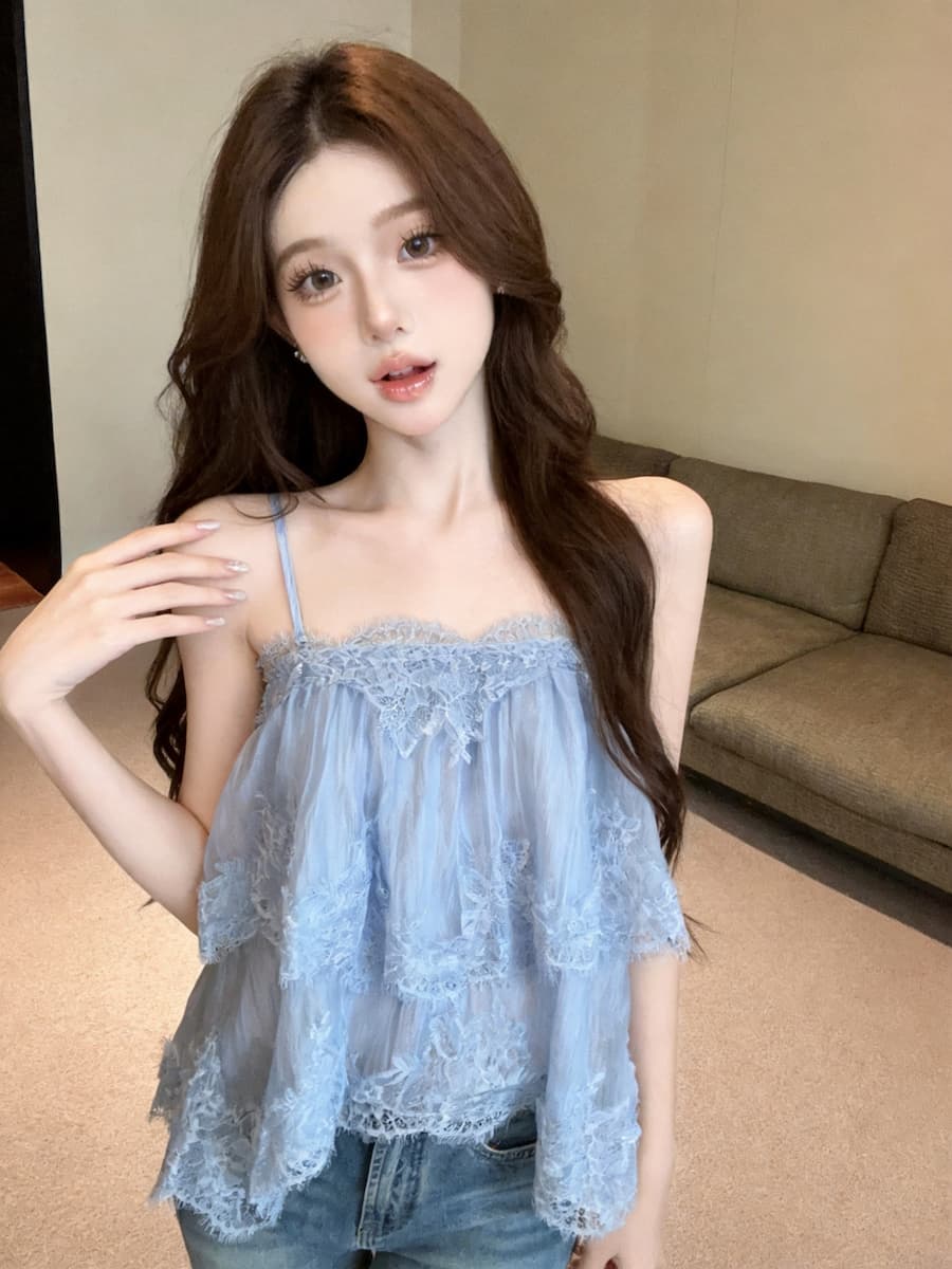 정가 있음 보호 부드러운 바람 무거운 작업 다중 레이어 레이스 캐미솔 여름 디자인 센스 불규칙 맨위 상세 이미지 6