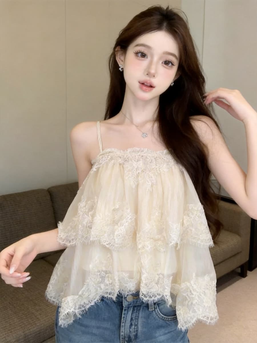 정가 있음 보호 부드러운 바람 무거운 작업 다중 레이어 레이스 캐미솔 여름 디자인 센스 불규칙 맨위 상세 이미지 9