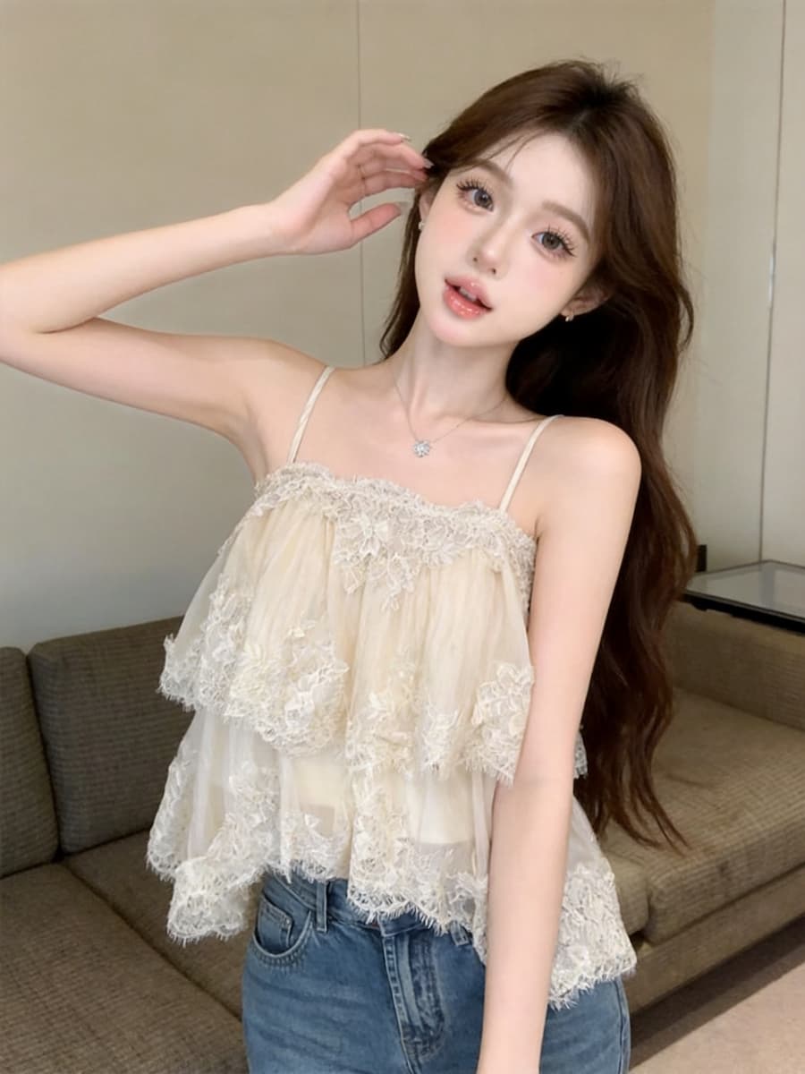 정가 있음 보호 부드러운 바람 무거운 작업 다중 레이어 레이스 캐미솔 여름 디자인 센스 불규칙 맨위 이미지 4