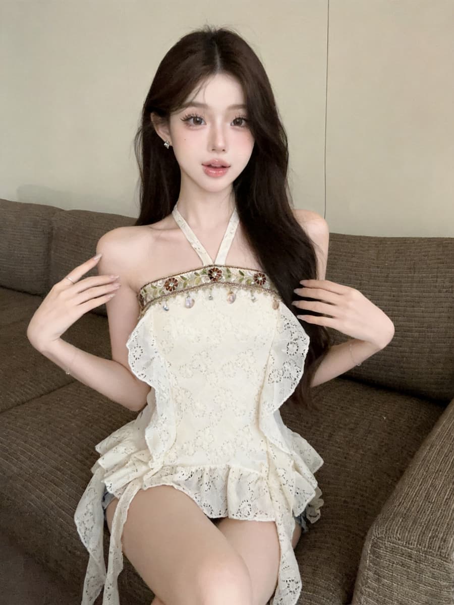 정가 있음 보호 보헤미안 바람 한 단어 오프숄더 슬립 불규칙 허리 수축 리본 디자인 센스 맨위 이미지 2