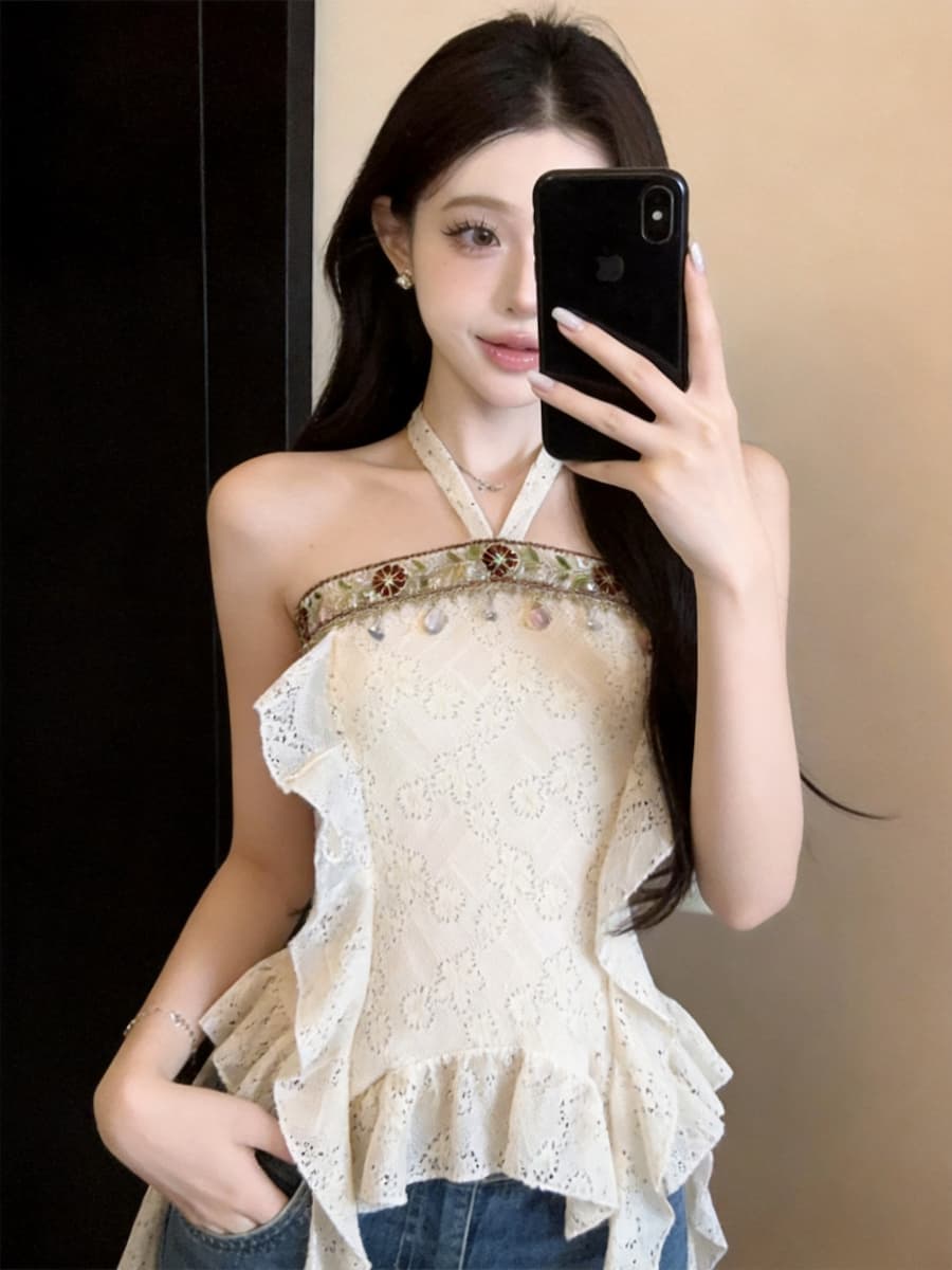 정가 있음 보호 보헤미안 바람 한 단어 오프숄더 슬립 불규칙 허리 수축 리본 디자인 센스 맨위 이미지 3