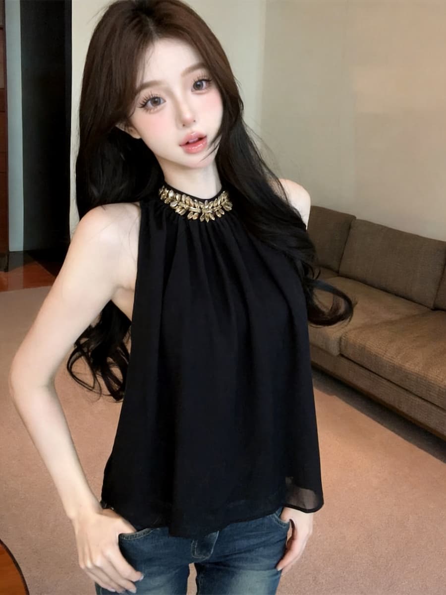 정가 있음 보호 고급 센스 훈련 사슬 민소매 행침 목 맨위 여성 핫걸 루즈핏 슬림해 보이는 작은 셔츠 작은 키 상세 이미지 3