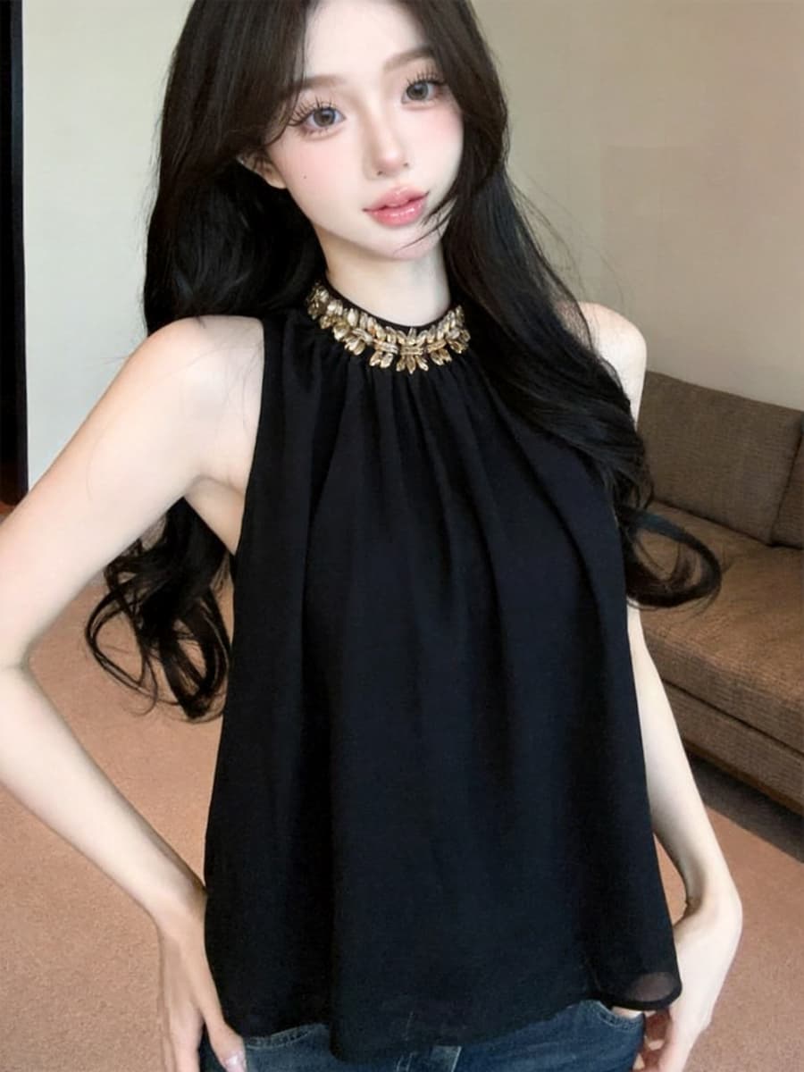 정가 있음 보호 고급 센스 훈련 사슬 민소매 행침 목 맨위 여성 핫걸 루즈핏 슬림해 보이는 작은 셔츠 작은 키 상세 이미지 4