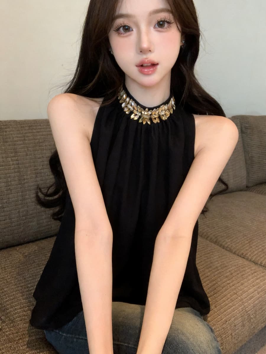 정가 있음 보호 고급 센스 훈련 사슬 민소매 행침 목 맨위 여성 핫걸 루즈핏 슬림해 보이는 작은 셔츠 작은 키 상세 이미지 9