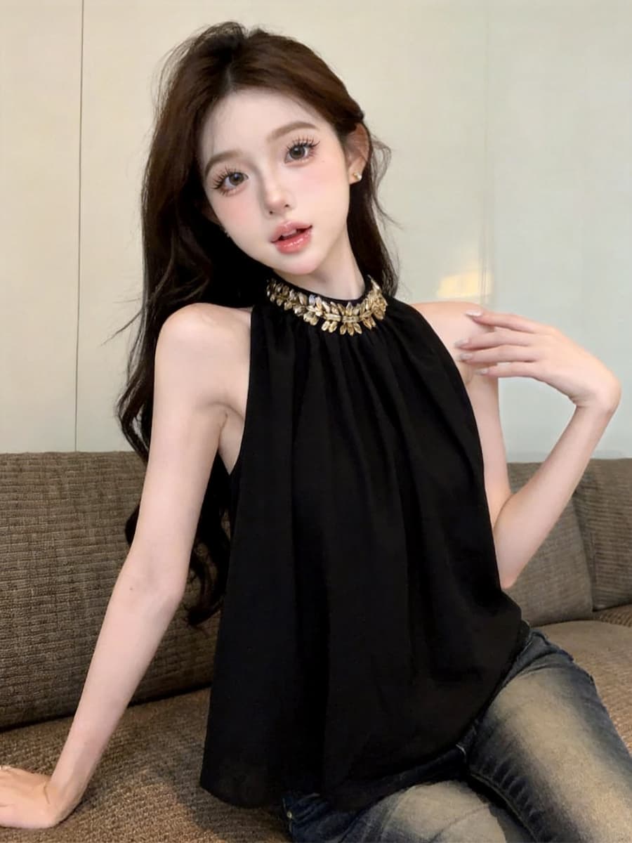 정가 있음 보호 고급 센스 훈련 사슬 민소매 행침 목 맨위 여성 핫걸 루즈핏 슬림해 보이는 작은 셔츠 작은 키 이미지 3