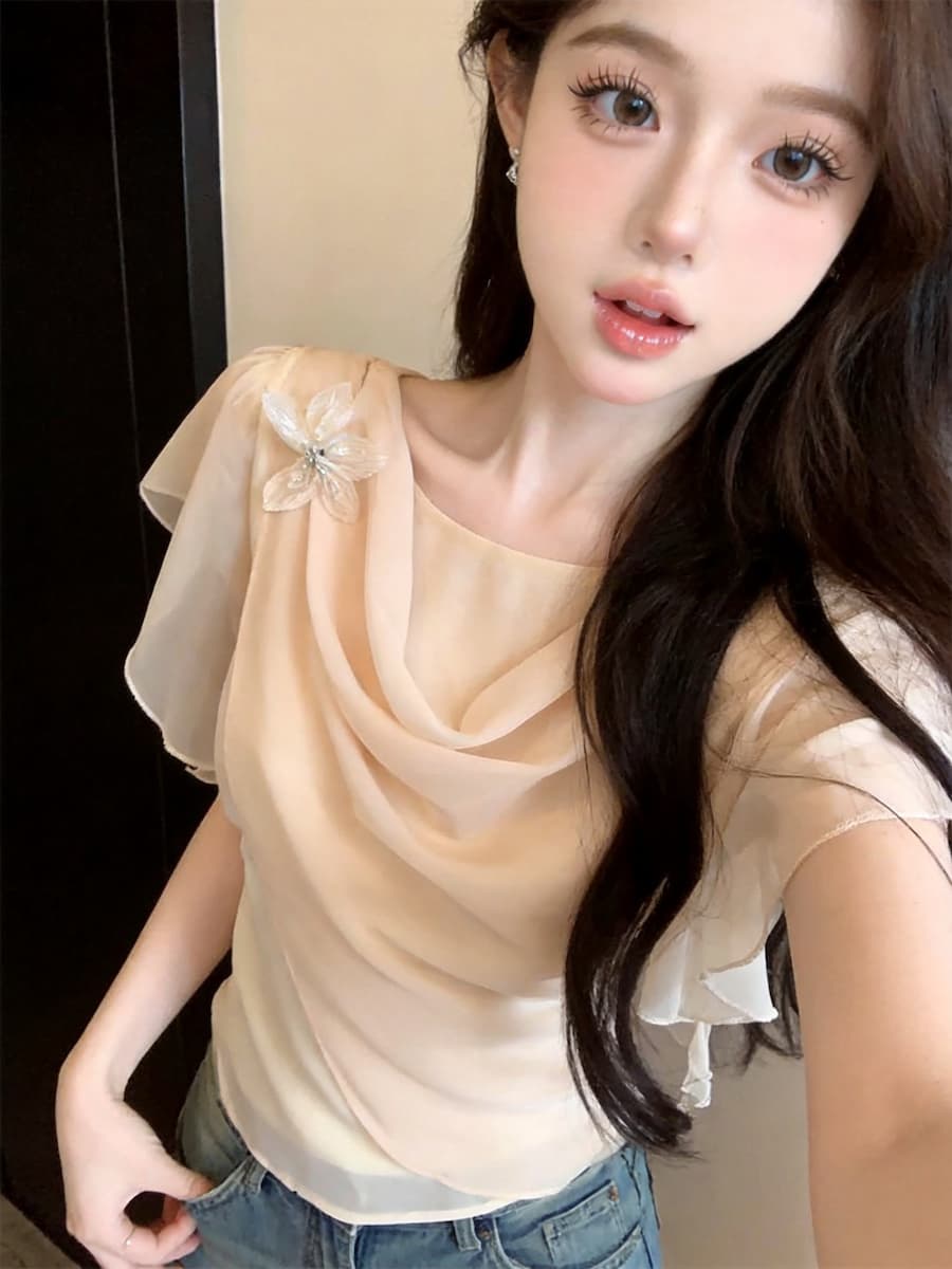 정가 있음 보호 프랑스식 우아함 흔들다 칼라 3 차원 꽃 디자인 반팔 여성 셔츠 여름 분위기 센스 쉬폰 톱 상세 이미지 15