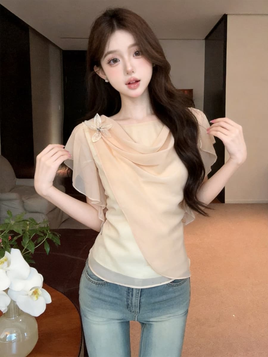 정가 있음 보호 프랑스식 우아함 흔들다 칼라 3 차원 꽃 디자인 반팔 여성 셔츠 여름 분위기 센스 쉬폰 톱 상세 이미지 17