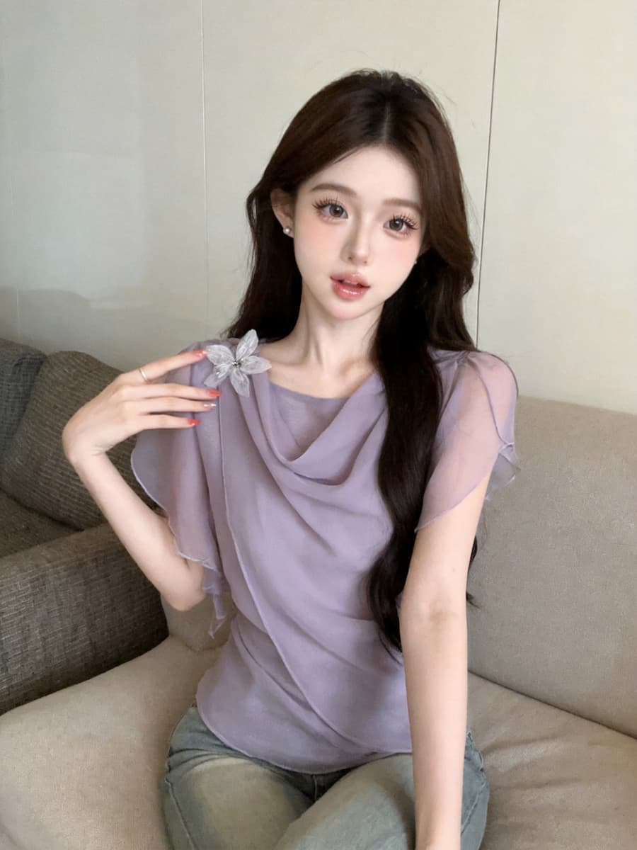 정가 있음 보호 프랑스식 우아함 흔들다 칼라 3 차원 꽃 디자인 반팔 여성 셔츠 여름 분위기 센스 쉬폰 톱 상세 이미지 29