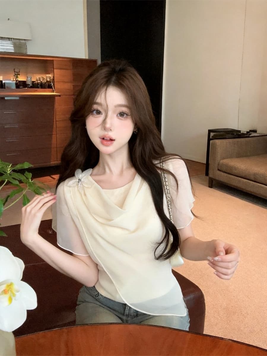 정가 있음 보호 프랑스식 우아함 흔들다 칼라 3 차원 꽃 디자인 반팔 여성 셔츠 여름 분위기 센스 쉬폰 톱 상세 이미지 33