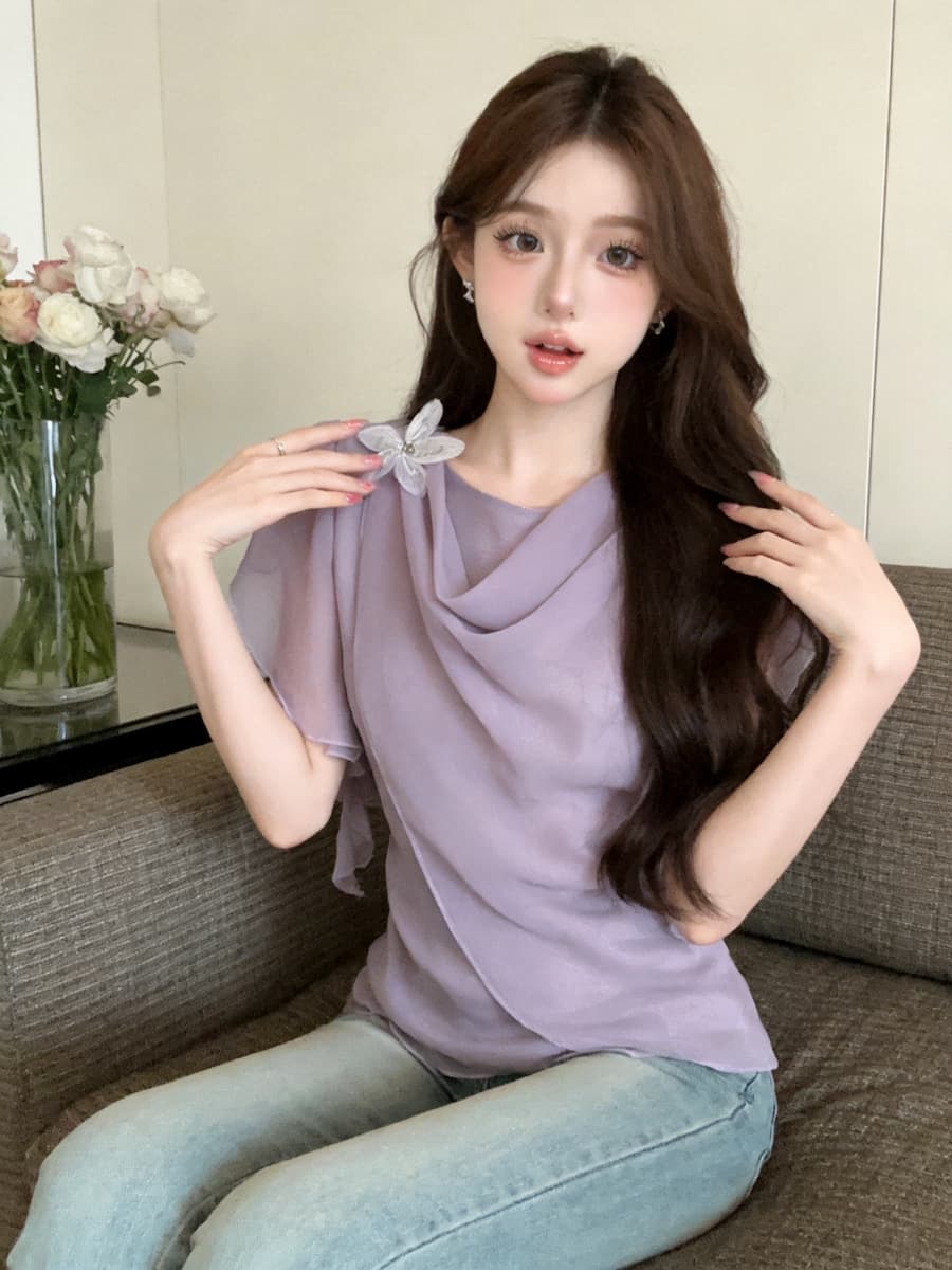 정가 있음 보호 프랑스식 우아함 흔들다 칼라 3 차원 꽃 디자인 반팔 여성 셔츠 여름 분위기 센스 쉬폰 톱 상세 이미지 34