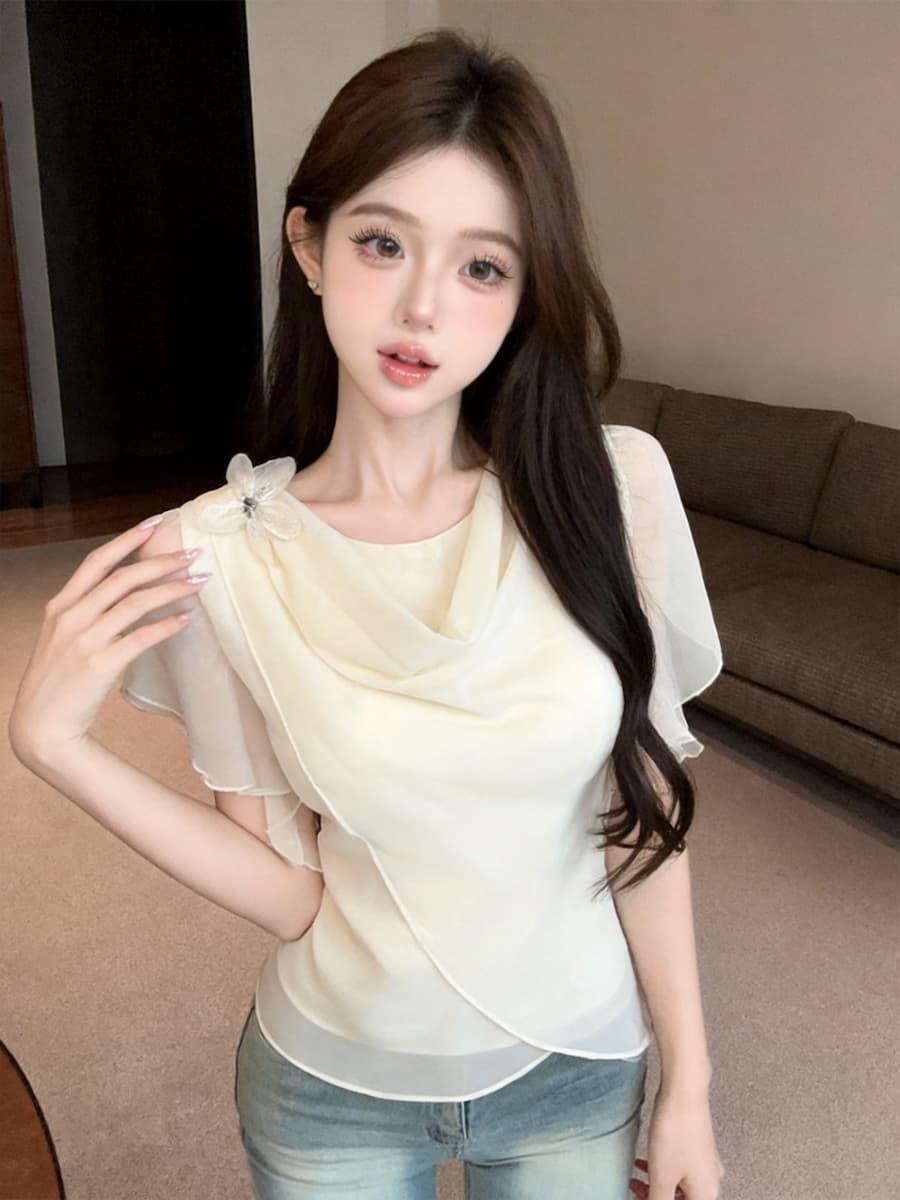 정가 있음 보호 프랑스식 우아함 흔들다 칼라 3 차원 꽃 디자인 반팔 여성 셔츠 여름 분위기 센스 쉬폰 톱 상세 이미지 37