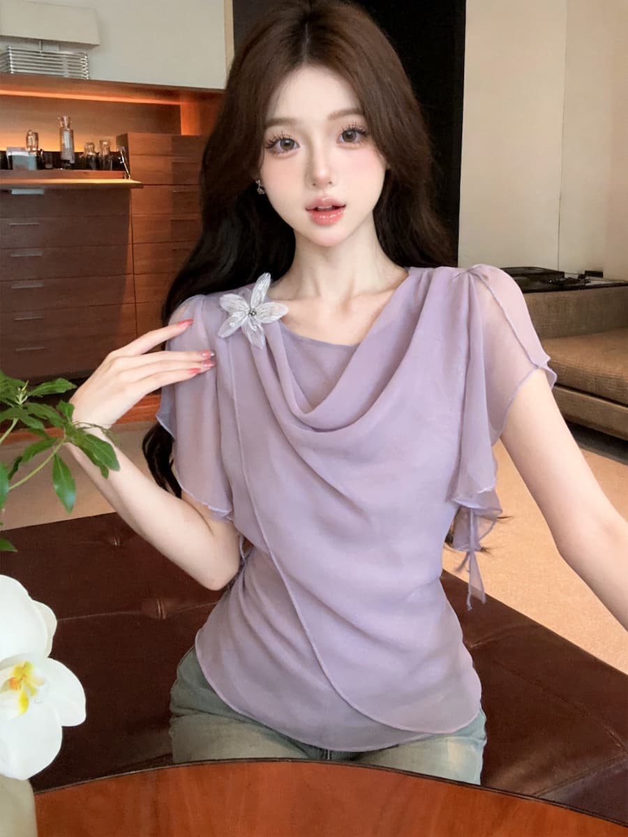 정가 있음 보호 프랑스식 우아함 흔들다 칼라 3 차원 꽃 디자인 반팔 여성 셔츠 여름 분위기 센스 쉬폰 톱 상세 이미지 38