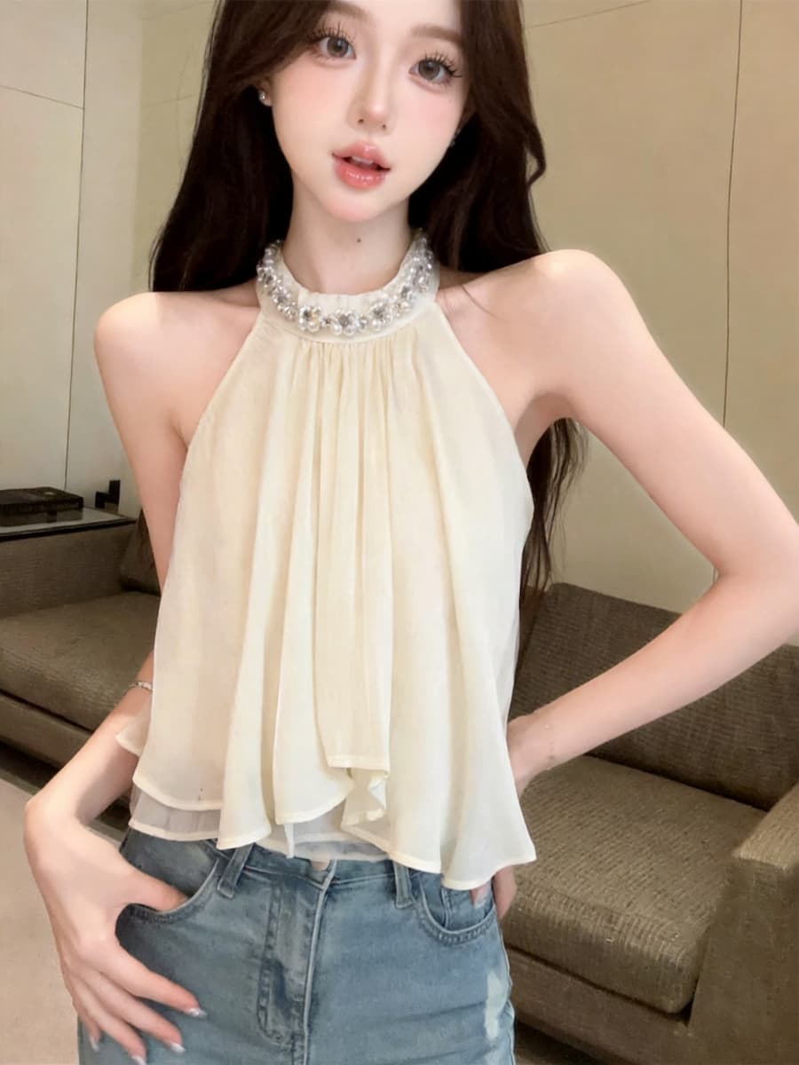 정가 있음 보호 프랑스식 분위기 센스 행침 목 진주 시폰 셔츠 여성 여름 수준 프릴 인형 셔츠 맨위 상세 이미지 4