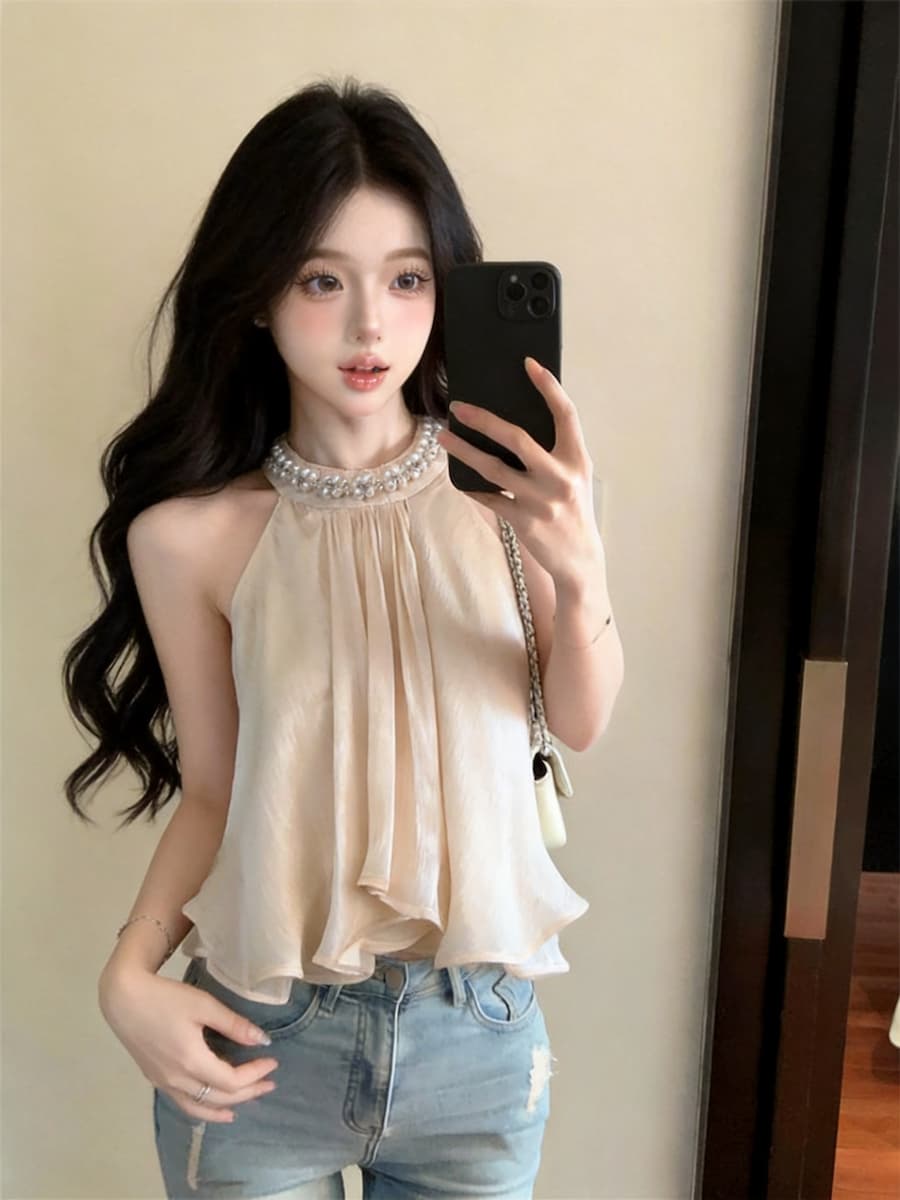 정가 있음 보호 프랑스식 분위기 센스 행침 목 진주 시폰 셔츠 여성 여름 수준 프릴 인형 셔츠 맨위 상세 이미지 10