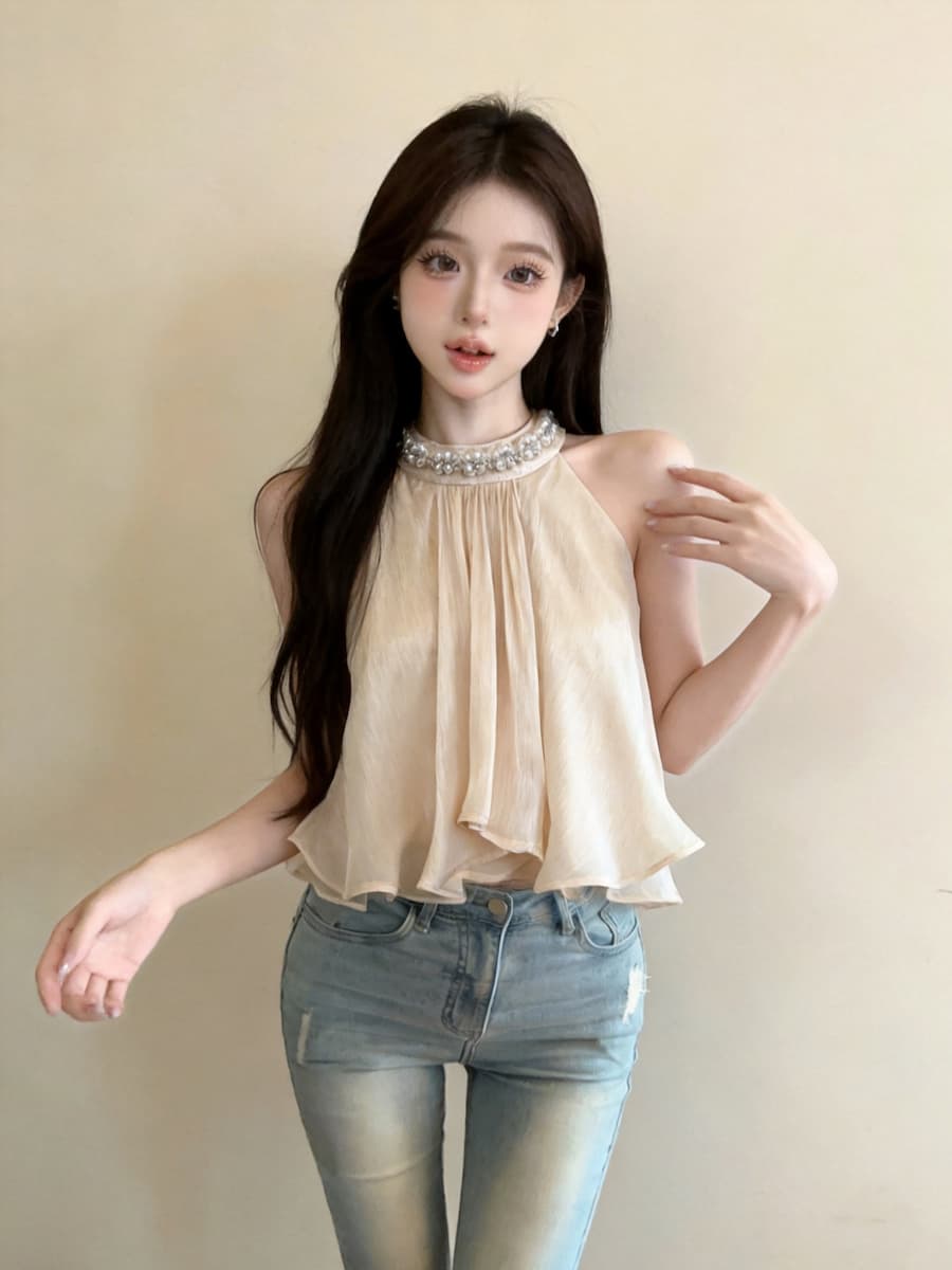 정가 있음 보호 프랑스식 분위기 센스 행침 목 진주 시폰 셔츠 여성 여름 수준 프릴 인형 셔츠 맨위 상세 이미지 12